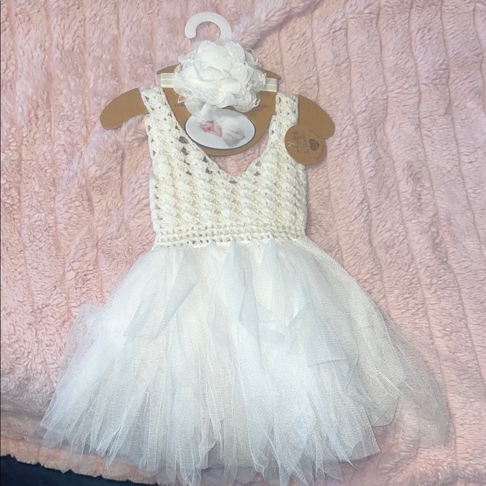 White Crochet and Tulle Baby Dress with Flower Headband